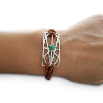 WOMEN'S BROWN STERLING SILVER AND TURQUOISE WRAP & TUCK BRACELET