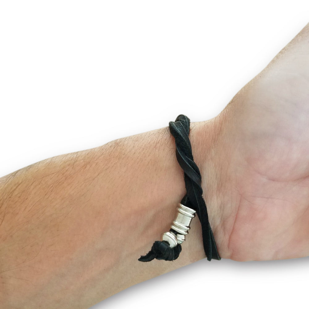 MEN'S STERLING SILVER  WRAP & TUCK BRACELET - BLACK